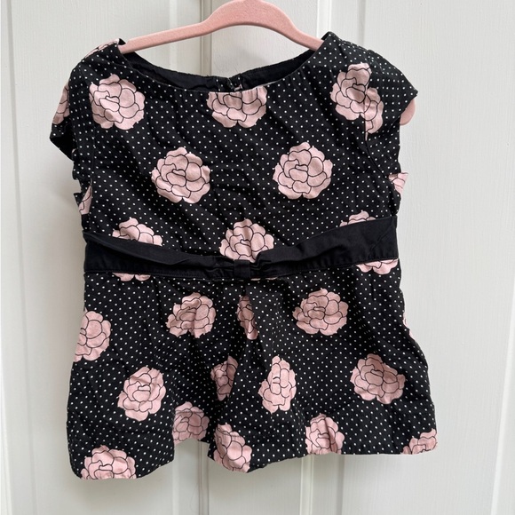 Janie and Jack 2T Girls Black, White & Pink Polka Dot Floral Short Sleeve Blouse - Picture 1 of 5